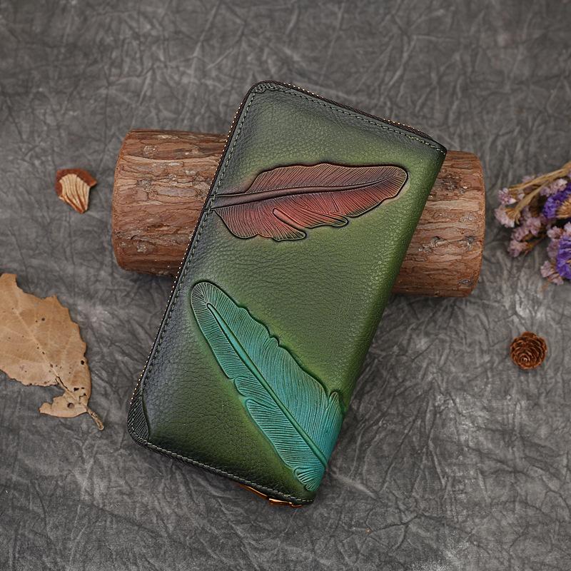 

Vintage New Flower and Plant Embossed Long Leather Wallet Handbag Women s Head Layer Leather Leather зелёный