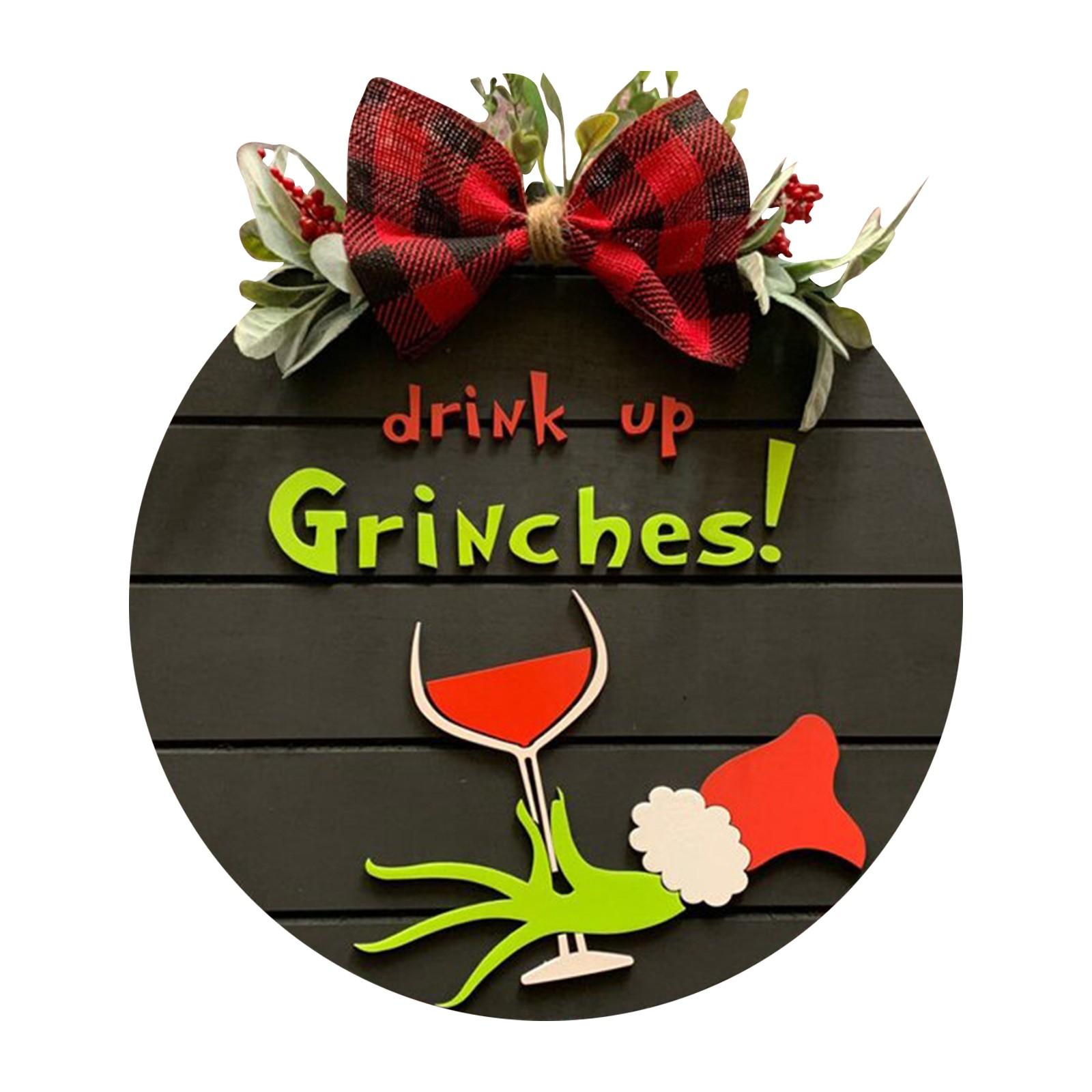

Round Wooden Wall Sign with Drink Up Grinches Lettering and Bow Decorative Hanging Plaque for Home Bar Kitchen Door чёрный