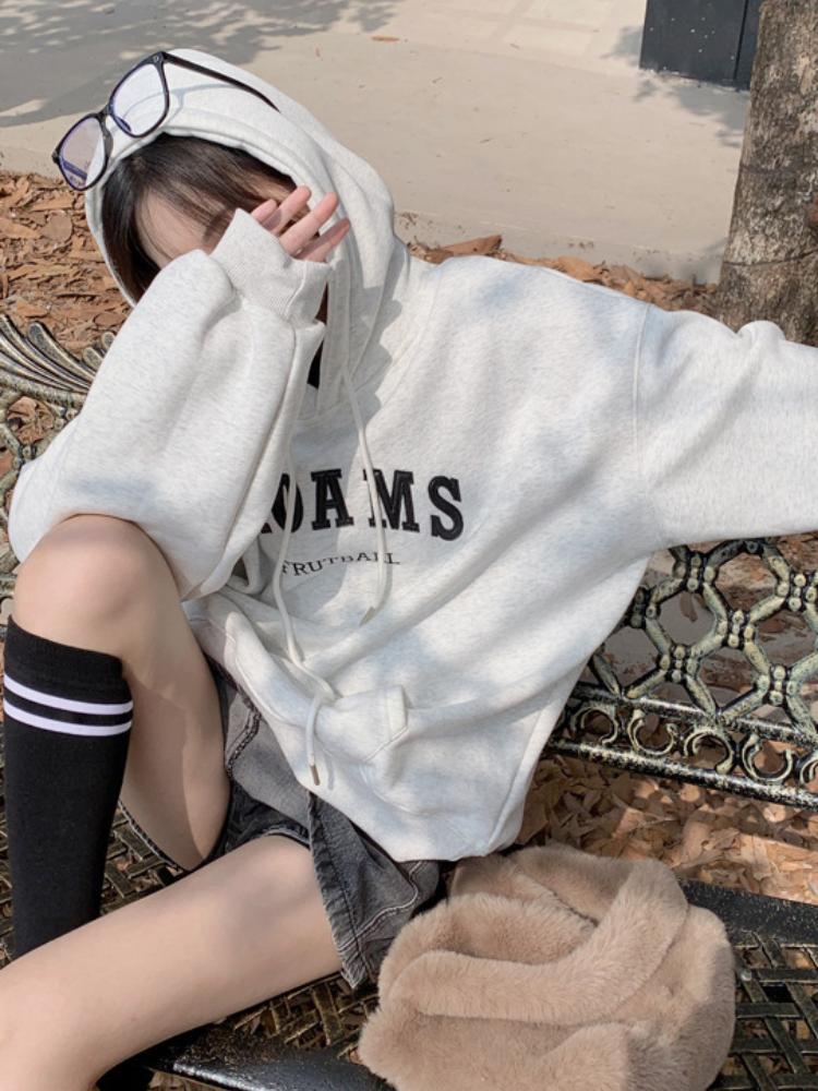 Ladies Velvet Printed Hoodie for Female Students Oversize Loose Casual Hooded Sweatshirt for Autumn Winter New