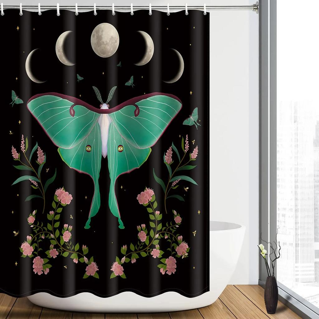 Gold Moth Moon Phase Shower Curtain Gothic Black Butterfly Moonlit Bath Curtain Psychedelic Tarot Bath Curtains Bathroom Sets