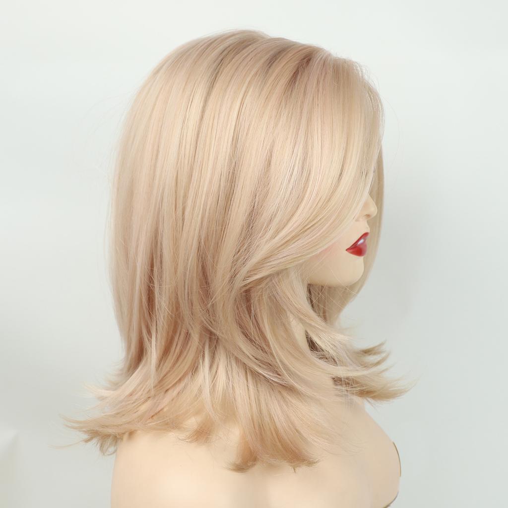 Women Synthetic Blonde Wigs with Bangs Shoulder Length Layered Wave Hair for Daily Cosplay Use Heat Resistant Fibre