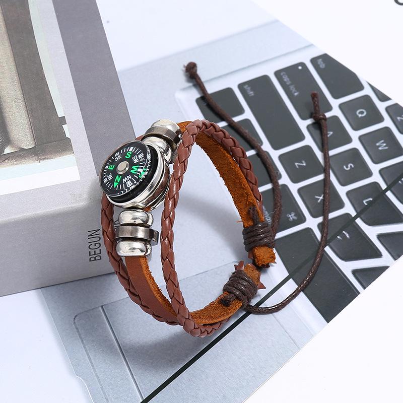 Retro Beaded Leather Bracelet with Compass - Unisex Multi-layer Hand-woven Accessory