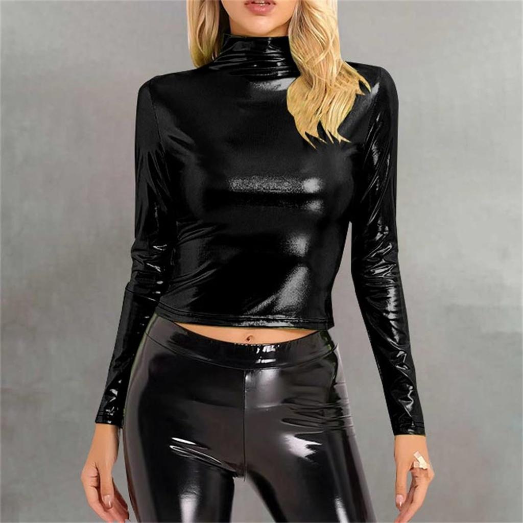 Women's Fashionable Color High Neck Long Sleeved Exposed Navel Sexy Tight Fitting Performance Outfit Top