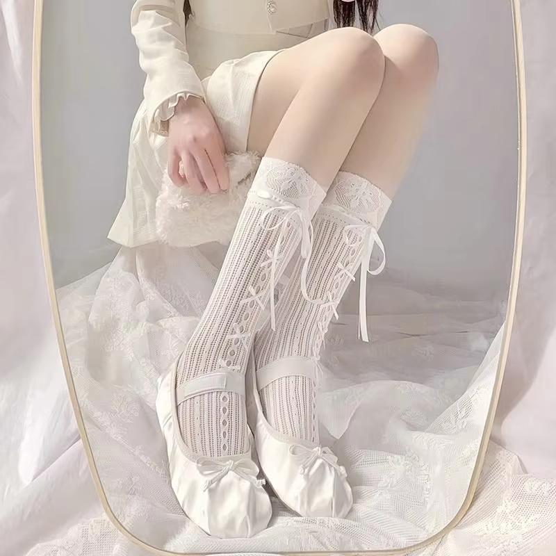 Striped Fishnet Long Socks Breathable Ballet Ribbon Socks Stockings For Women Cute Lace Stocking For Daily Wardrobe School