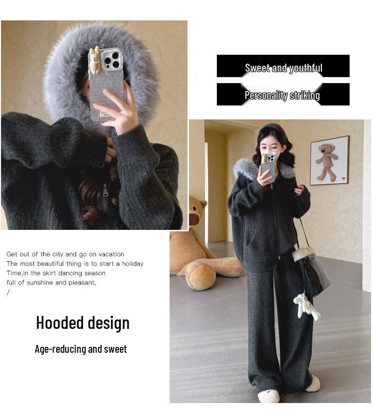 Autumn/Winter Ribbed Zipper Hoodie & Wide-Leg Pants Maternity Set