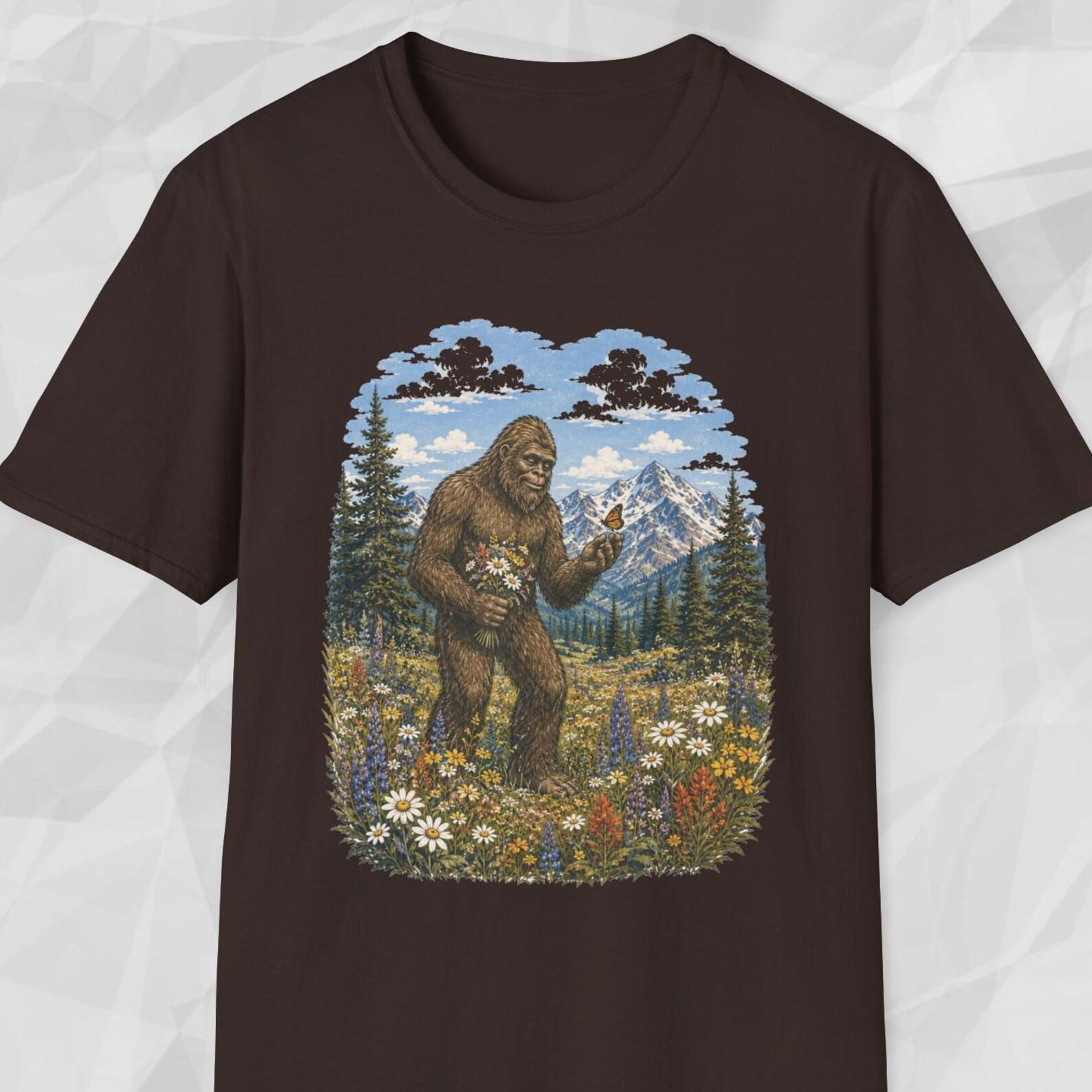 Bigfoot Wildflower Shirt, Sasquatch Nature Tee, Mountain Meadow T shirt, Camping Adventure Shirt, National Park Tee S