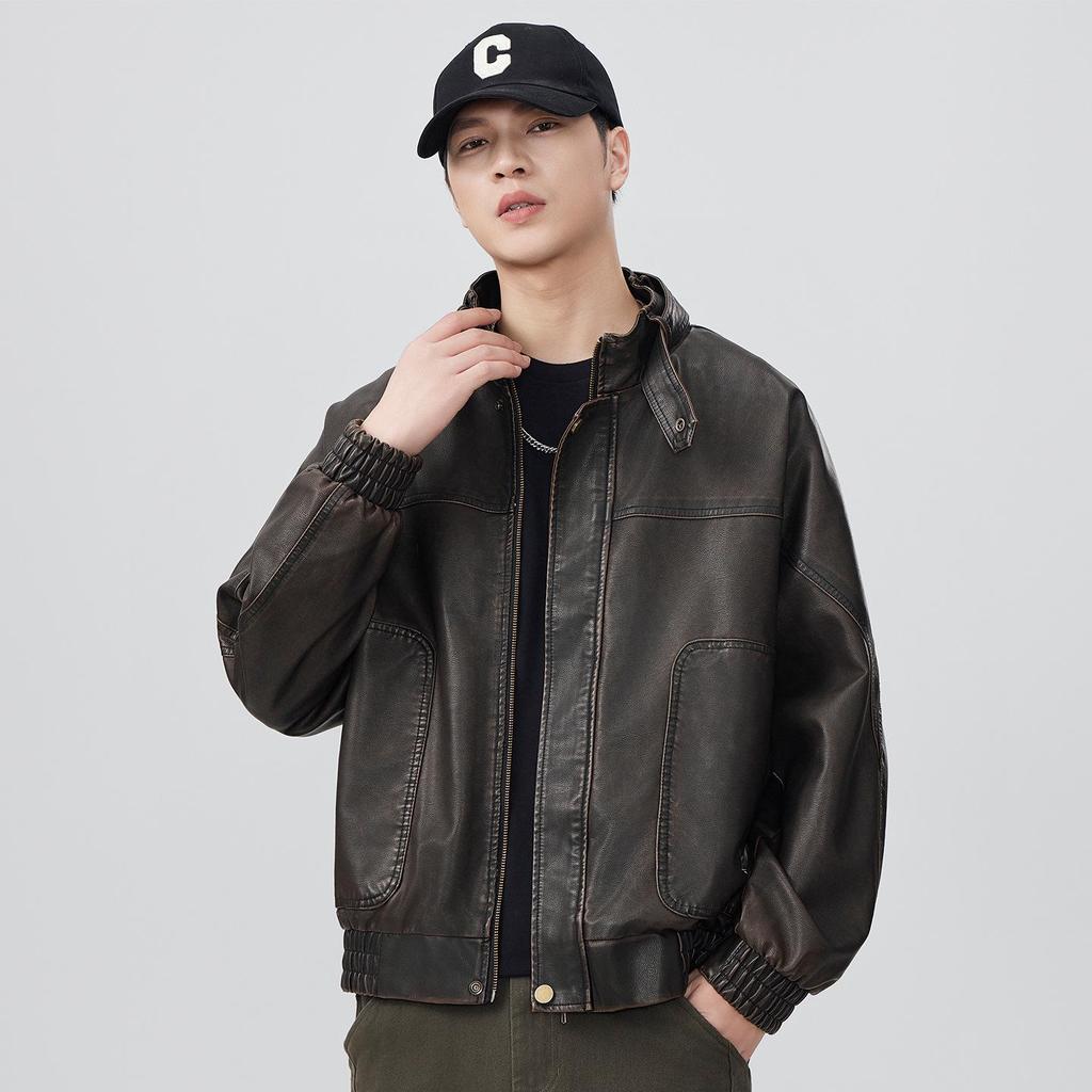 Men's Retro Cool PU Leather Bomber Jacket with Buckle Stand Collar
