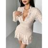 Women's Y2k Floral Lace Mini Dress Sexy Deep V Neck Long Sleeve Ruffle Hem Layered Mini Dress