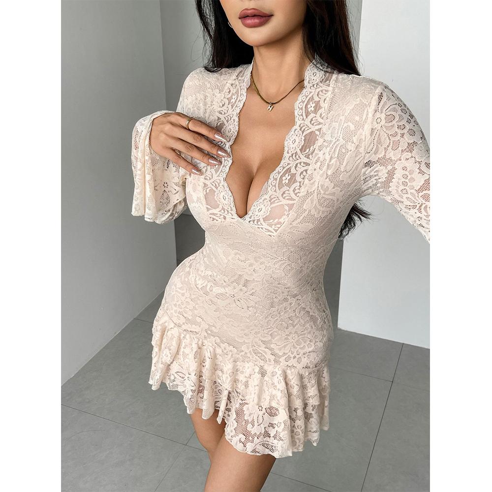 Dámské Y2k květinové krajkové mini šaty Sexy hluboký výstřih do V Dlouhý rukáv Volánový lem Vrstvené mini šaty