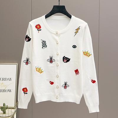 Autumn Women Designer Embroidery Monsters Single Breasted Knitted Sweater Coat Jacket