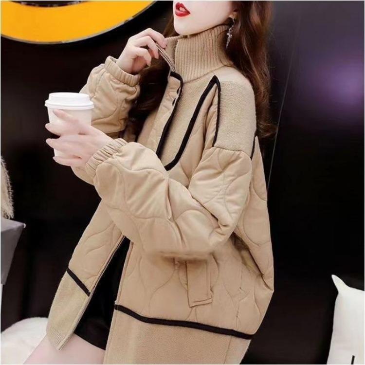 

Oversize Winter Sweaters for Women Plus Size Turtleneck Pullover Knitted Jacket Loose Patchwork Wadded Coat One Size бежевий