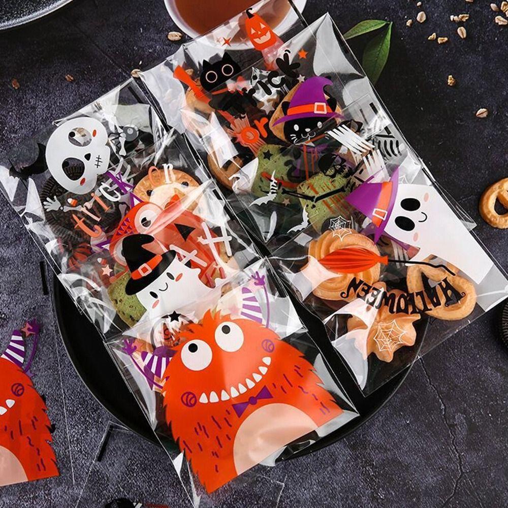 100PCS Self-adhesive Halloween Plastic Candy Pouch Pumpkin Halloween Biscuit Gift Bag   Party