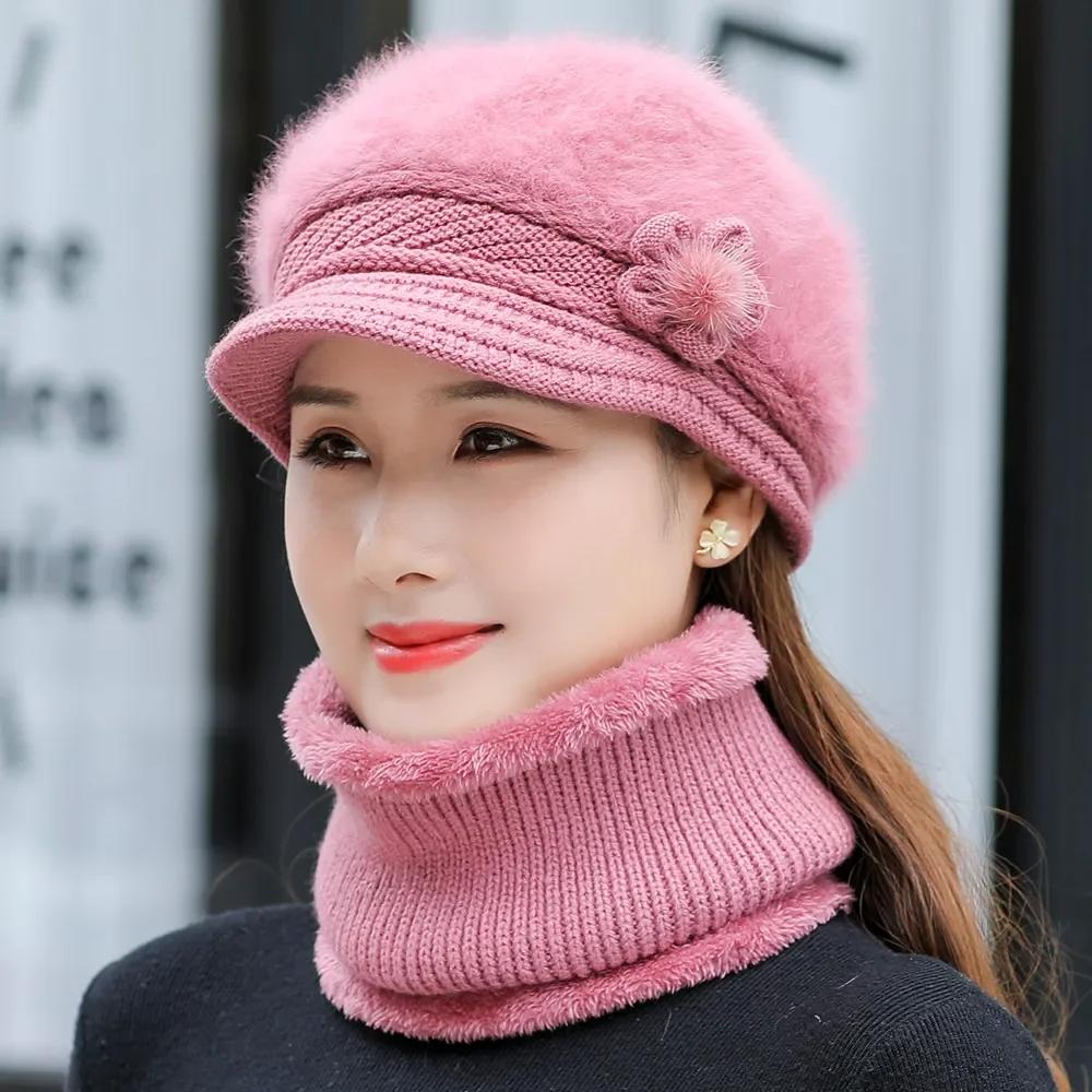 

Hot Sale Women Winter Hat Keep Warm Cap Plush Fur Lined Hat &Scarf Warm Set 55cm-58cm темно-рожевого кольору