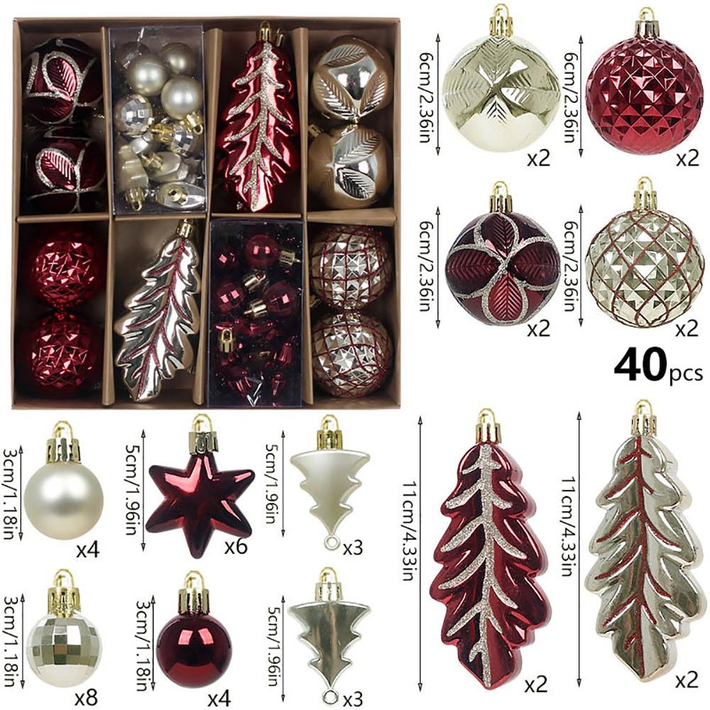 40PCS Assorted Pattern Christmas Ornaments Set Mixed Size Assorted Christmas Balls Gift