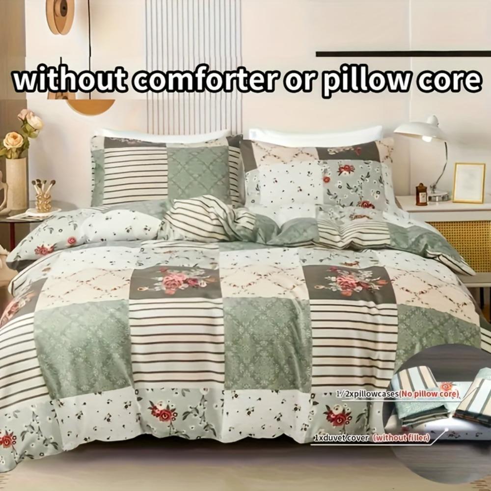 

3pcs Light Gren Beding Set Grid Flower Print Cozy Soft Duvet Cover Set King Quen Twin Single Sized Dimensions Birthday Gift for Bedrom Decor 120*200cm Single