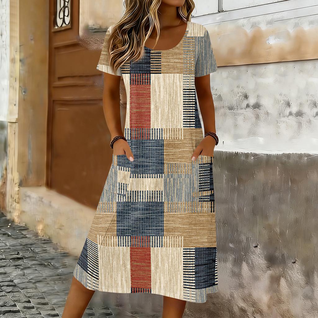 Damen Kurzarm Print Midi Kleid Rundhalsausschnitt Lockerer Schnitt Sommer Freizeitkleid mit Taschen für den täglichen Gebrauch
