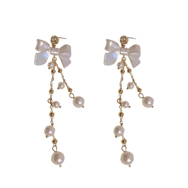 French bow tassel long earrings women's high sense exquisite stud earrings celebrity temperament versatile earrings tide