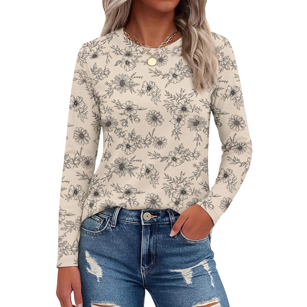 Women's Fashion Casual Slit Hem Round Neck Long Sleeve Loose Printed T-Shirt Ladies Top