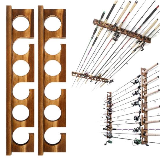 Yousheng 2Pcs Wall Mount Fishing Rod Holder with Mounting Screws Garage Horizontal Wooden Fishing Pole Display Storage Rack Organizer Stand Fishing