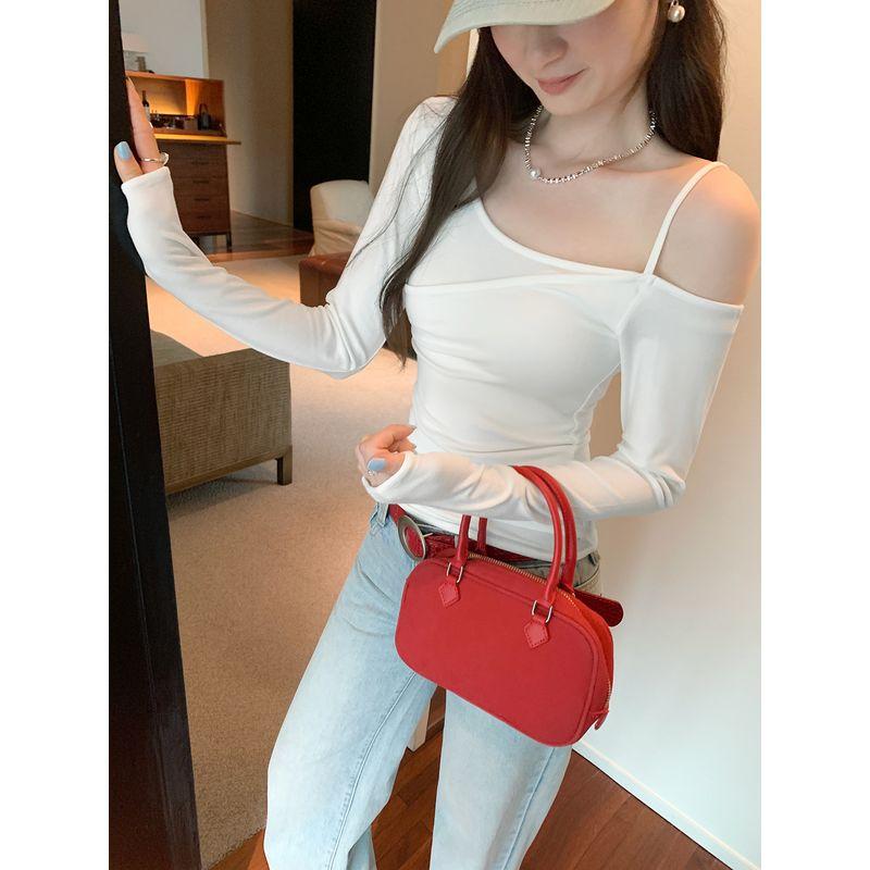 Kumikumi Design Sense Solid Niche Chic Sloping Shoulder Long Sleeves Shirt Women Autumn Slim Fit Slimming Versatile Top