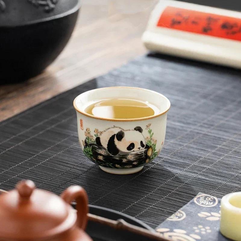 1 Pc Chinese Tradition Ru Kiln Ceramic Tea Cup Hand-painted Cute Pandas Tea Bowl Handmade Teacup Exquisite Household Tea Set