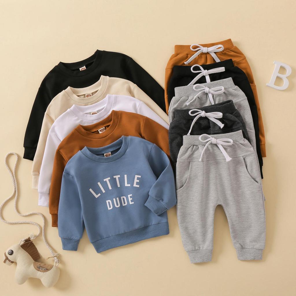 Toddler Letter Print Round Neck Top & Solid Color Long Pants Two-Piece Set, Multi-Color.