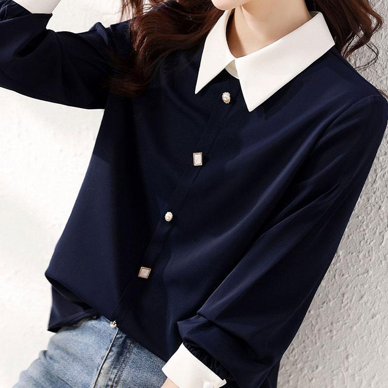 

Elegant Slim Fit Blouse Patchwork Button POLO Collar Women Loose All Match S