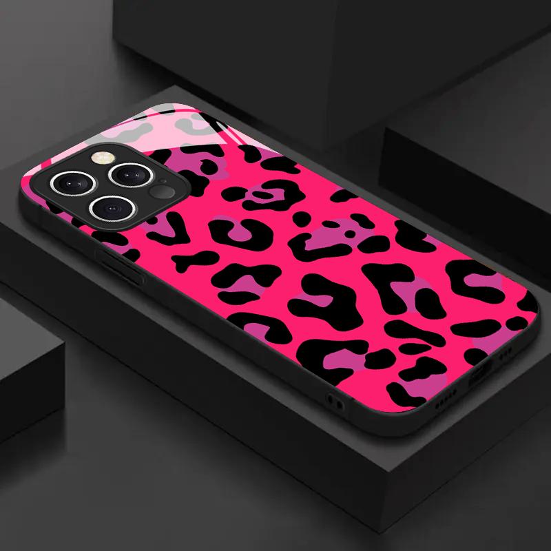 Capa de celular de vidro temperado com estampa de leopardo rosa adequada para iPhone 17 16 15 14 13 12 11 Pro/ Max /Plus anti-queda e à prova de choque