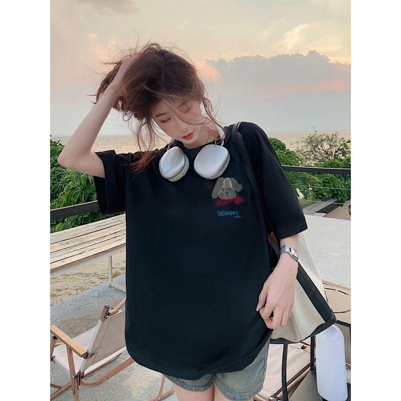 Idle Style Cartoon Letter Print Short-Sleeved T-shirt Women's Summer Niche Style Casual Loose Easiest for Match Black Tops Ins Fashion