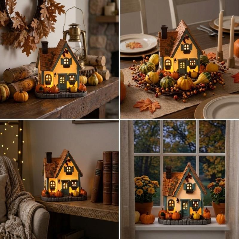 Lighted Pumpkin House Figurine Resin Cottage Statue Warm LED Lighted Ornament for Fall Table Centerpieces, Shelf Decors and Seasonal Home Display