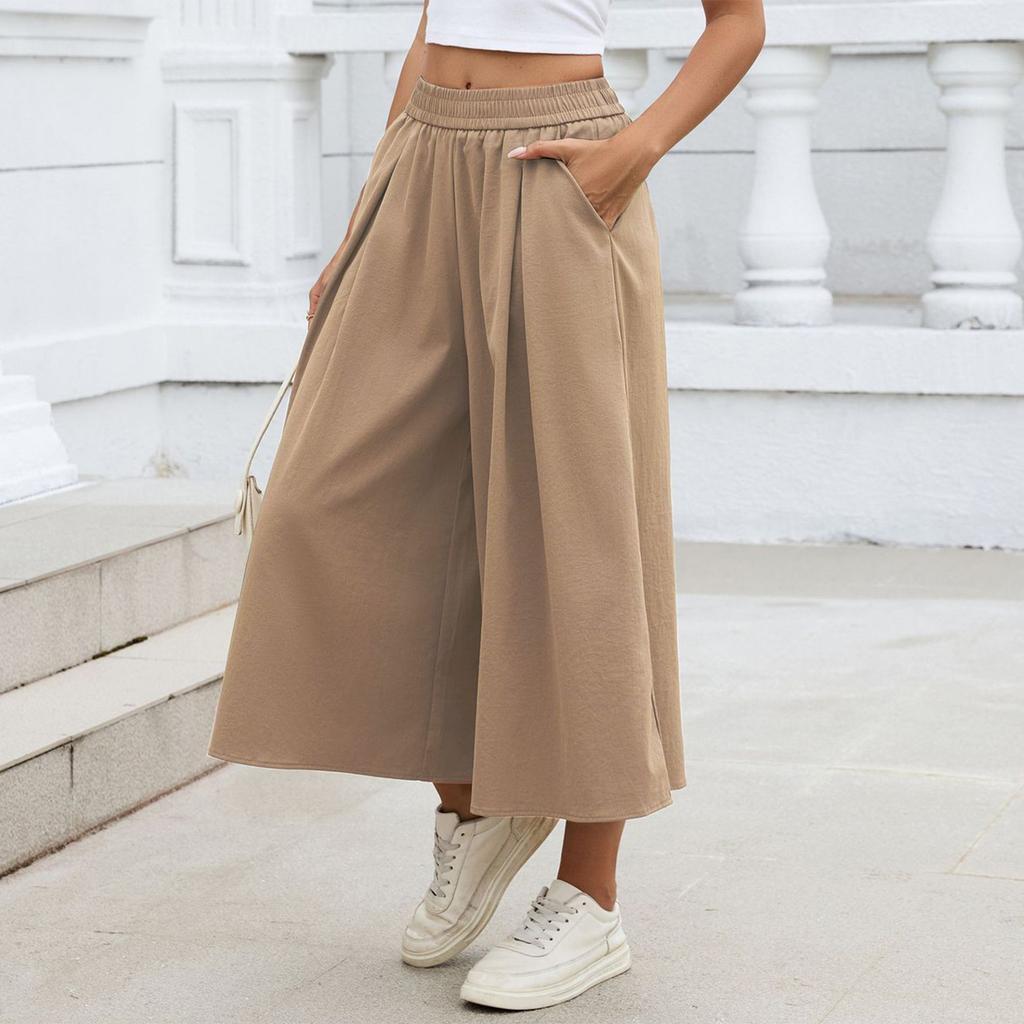 Women's Fashion Color Loose Wide Leg Pants Elastic Waist Pockets High,Waisted Skirt Pants
