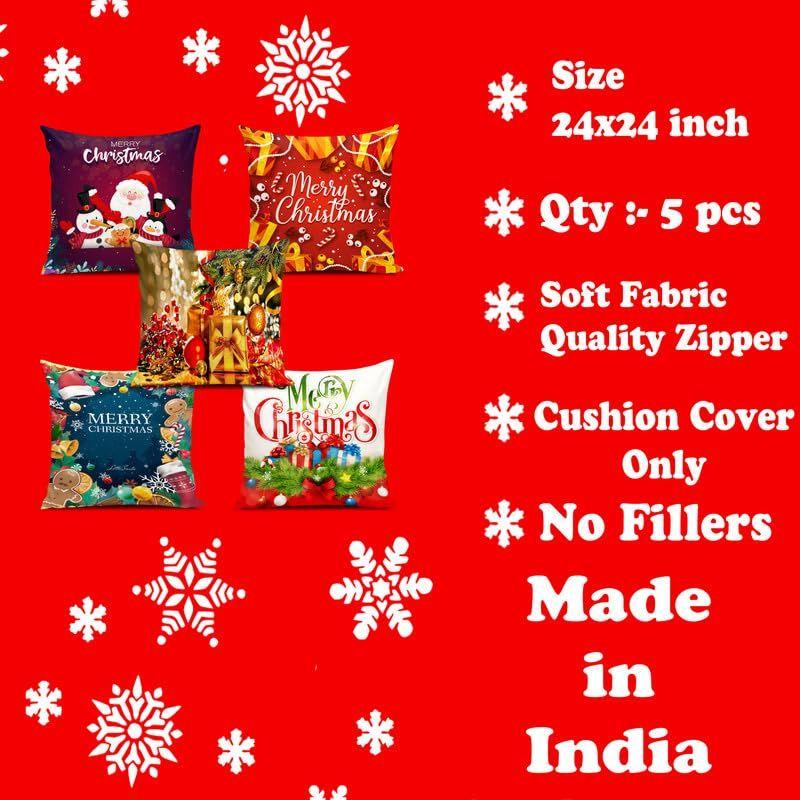 Soft Fabric Designer Decorative Printed Merry Christmas Theme Cushion Cover Xmas Decorations for Sofa Living Room Set of 5 24 X 24 Inch Multi