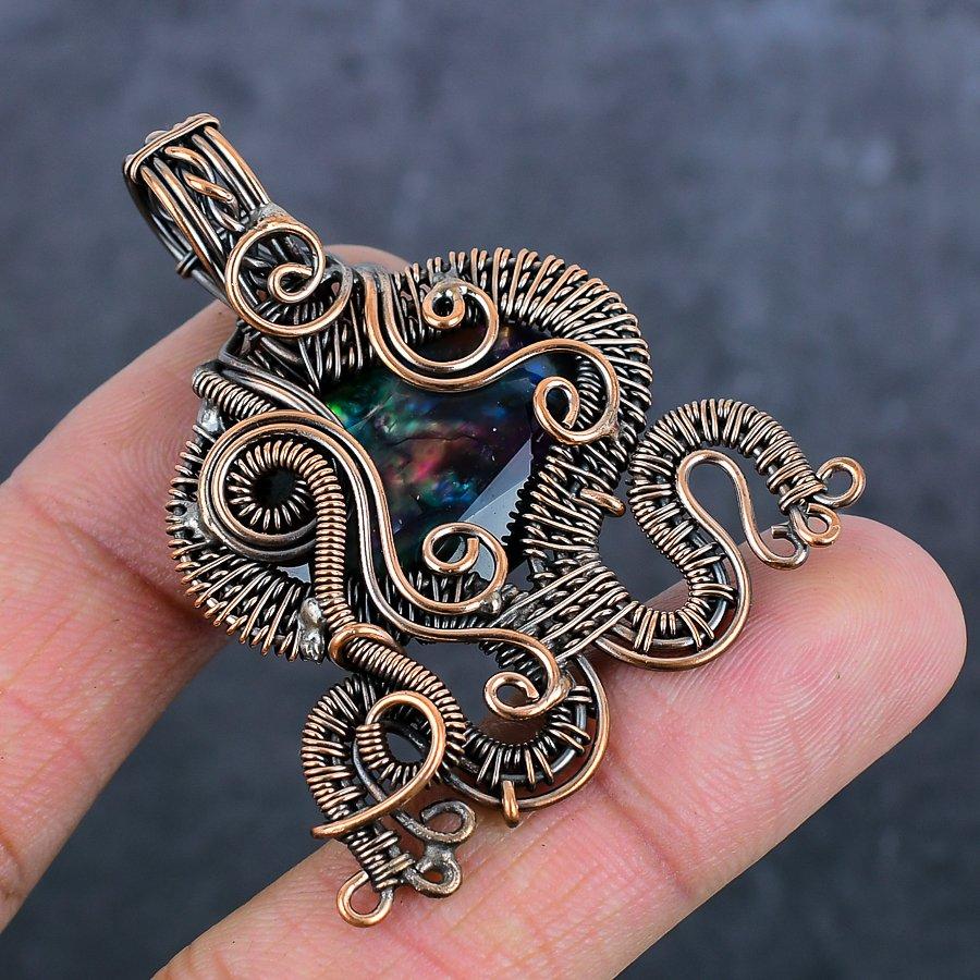 Bi-Color Tourmaline Gemstone Copper Wire Wrap Jewelry Pendant 2.21"