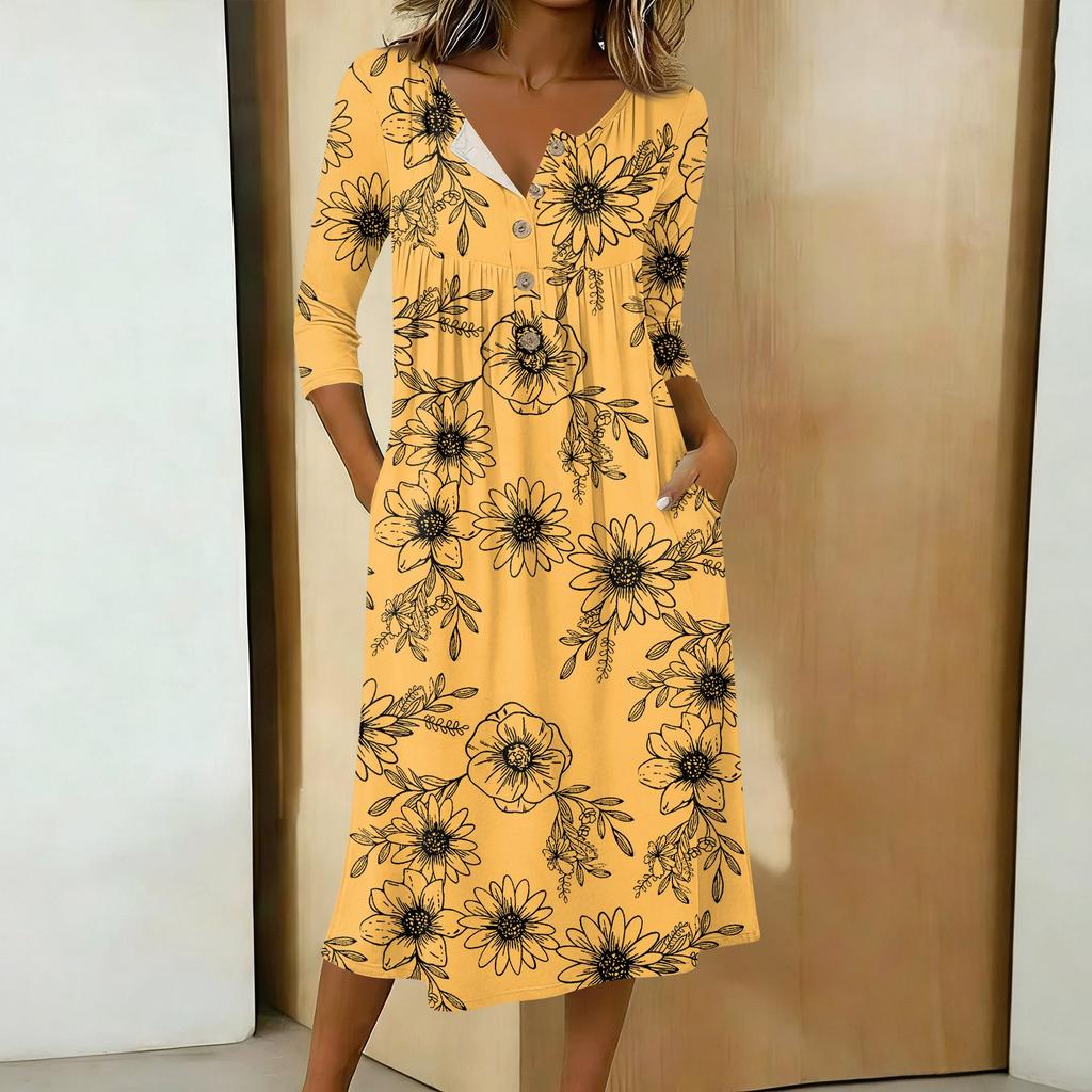 Modisches Damen-Midikleid mit Rundhalsausschnitt, 3/4-Ärmeln, Knopfleiste und farbenfrohem Print, lässig