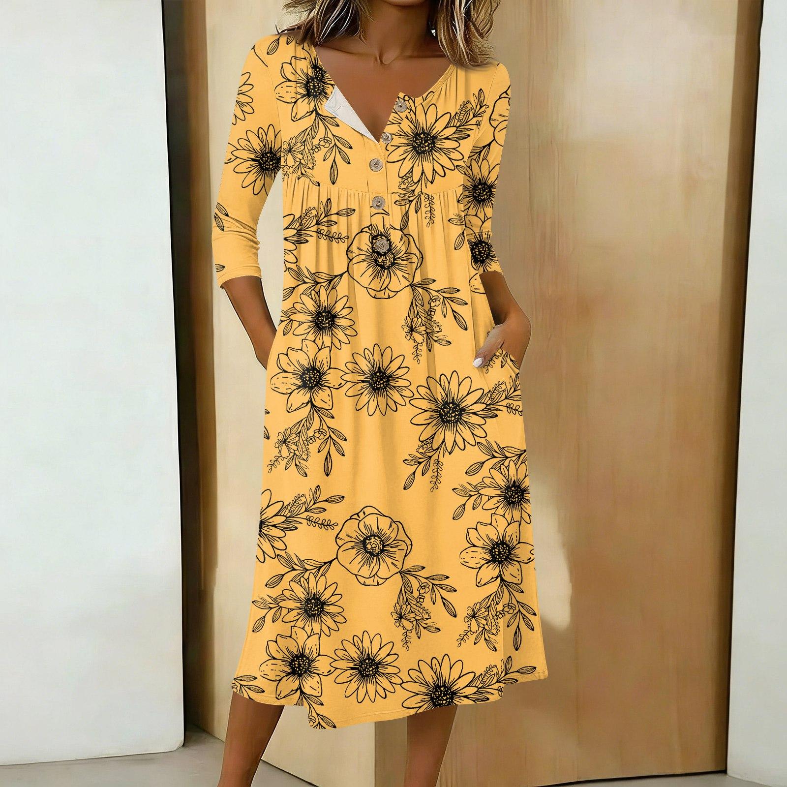 

Women s Fashionable Color Printed Round Neck 3/4 Sleeve Button Collar Mid Length Casual Dress XL жовтий