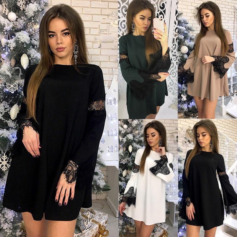Women Fashion Lace Stitching Dress Solid Color Long Sleeve Loose Dresses