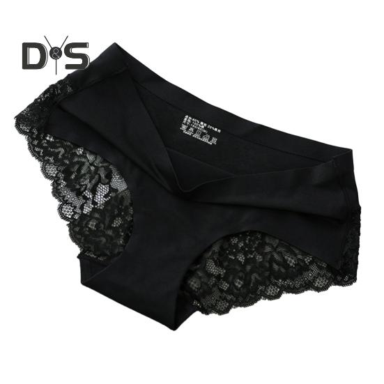 Women Solid Color Mid Rise Briefs See Through Embroidery Lace Stitching Ice Silk Seamless Panties Underwear