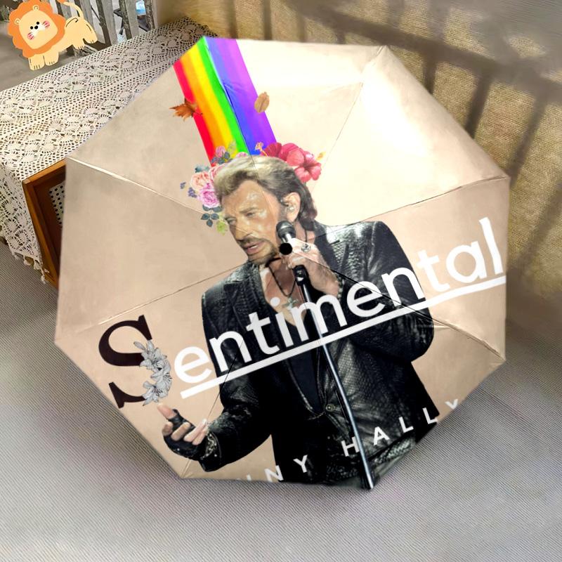1pc Johnny Hallyday pattern Umbrella Portable Folding Umbrella Iron Frame Hole Bone Structure Outdoor Home Umbrella