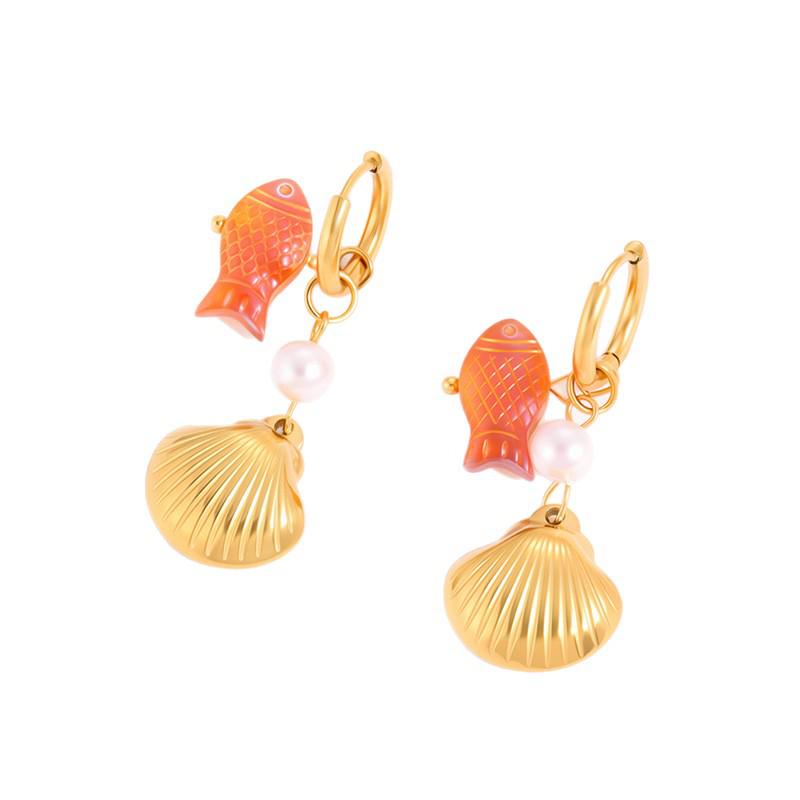 High-End Ocean Style Pearl Shell Hoop Earrings for Women - Elegant Stainless Steel Jewelry