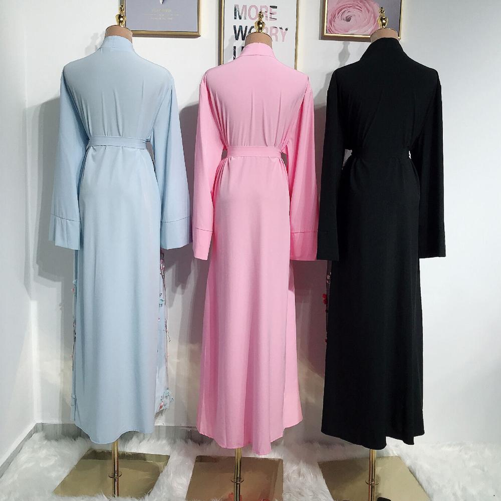 Eid Abaya Dubai, lockeres muslimisches Langarmkleid Robe mit Gürtel Muslimische Kleider Frauen einfarbige bodenlange Roben Strickjacke Ramadan