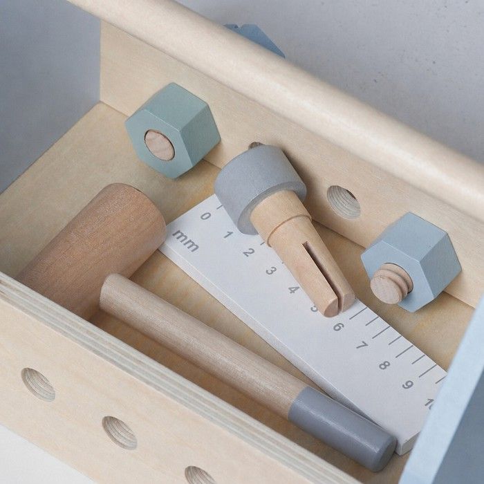 Coffret à outils enfant - GINGER HOME - Mini Atelier Enfant 22 Pièces - Bois/MDF - Bleu et bois - Portable 22x13x14 cm