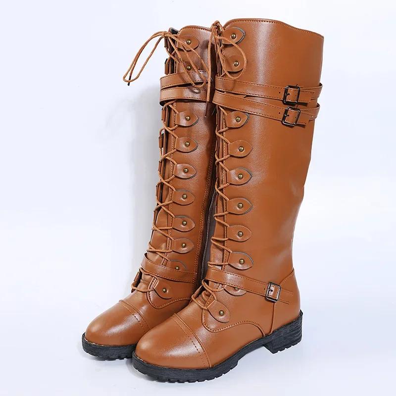 

Fashion New Fashion Women s Knee High Boots Brand Lace Up Platform Shoes Sexy Buckle PU Vintage Buckle Luxury Shoes Designer Snow Boots 43