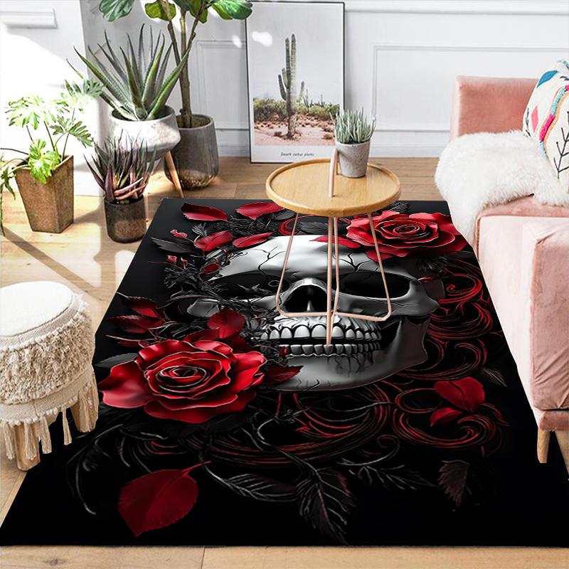 1Pc Skull Roses Artwork Rug, Office Carpet Indoor Outdoor Doormat, Non-Slip, Comfortable, Living, Christmas Halloween,  Xmas Gift G1315