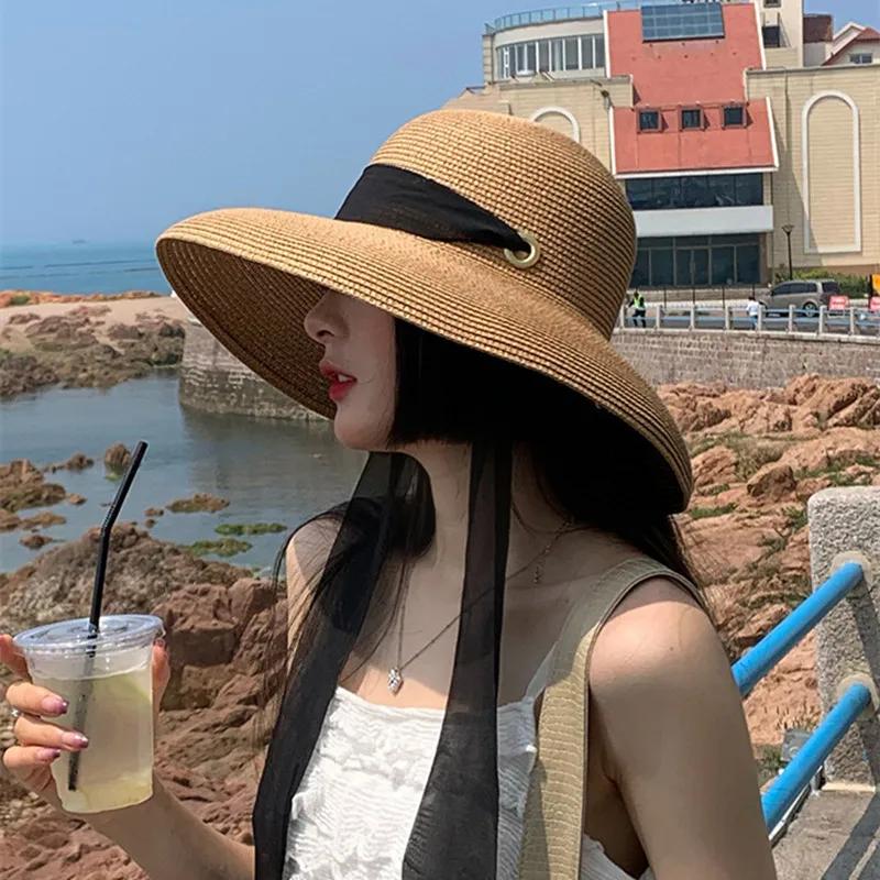 Elegant Long Black Ribbon Straw Hats For Women Foldable Wide Brim Panama Beach Hat Female Fashion Holiday Photo Props Sun Caps