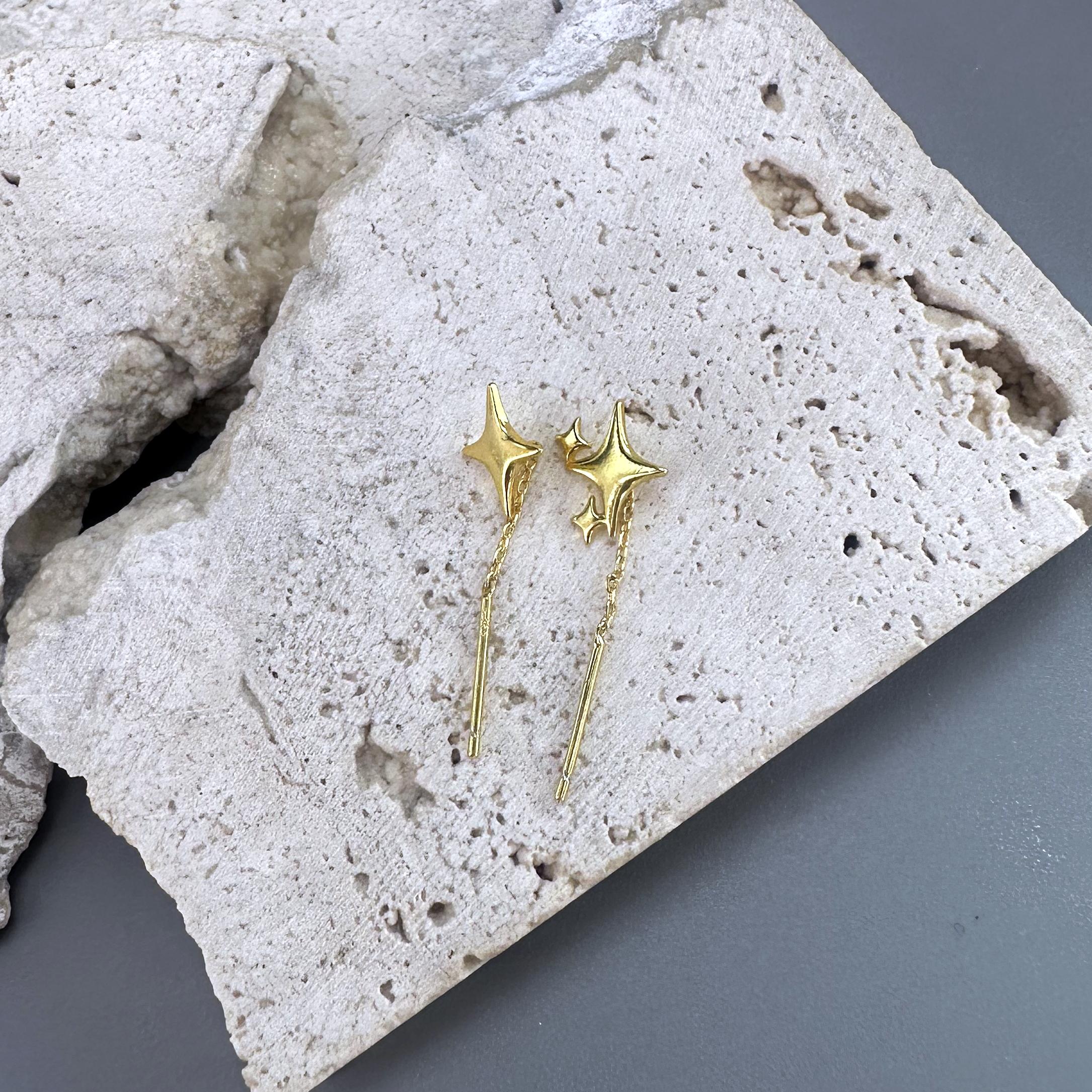 925 Silver Gold Star Earring For Women Gift Simple Tassels Chain Asymmetry Jewelry