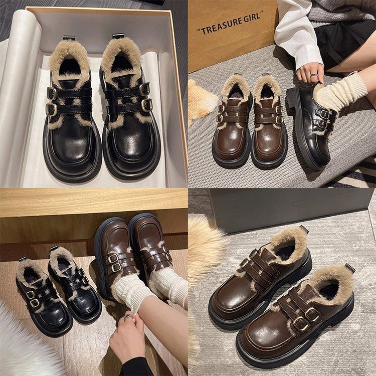 Plateau Britische kleine Lederschuhe für Damen 2025 Herbst und Winter neue vielseitige höhenvergrößernde thermische Baumwollschuhe mit einem Riemen und Samt