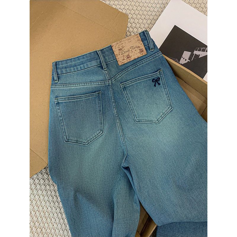Summer New Style Blue Straight-Leg Jeans for Women, Plus-Size, High-Waisted, Hip-Covering, Slimming, Stretchy Straight Pants