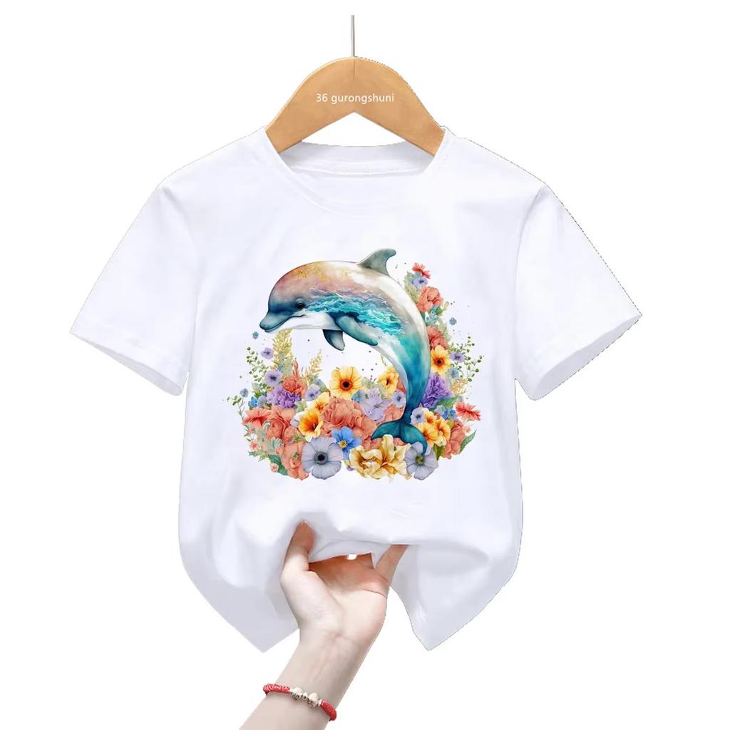 Kawaii Dolphin Whale Flowers Tshirt Watercolor Graphic Print Short Sleeve Unisex Unisex Casual Harajuku Tee