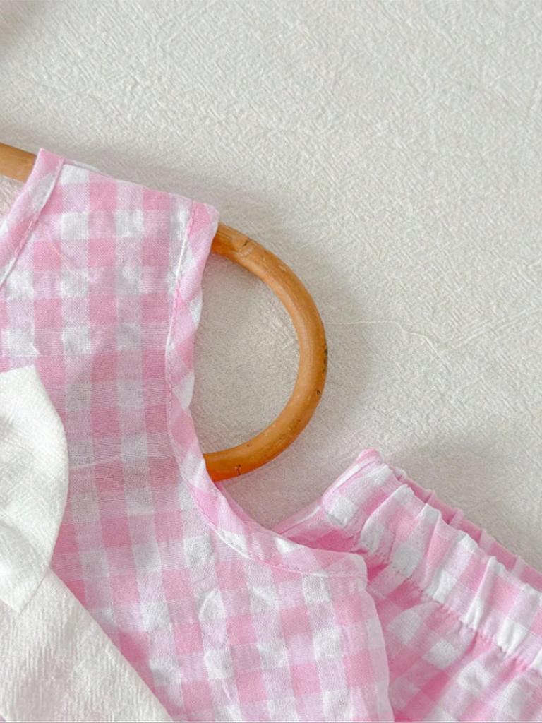 Summer Countryside Style Infant Baby Girls Clothing Set Sleeveless Top with Plaid Long Pants Retro Lace Butterfly Two Piece Outfit