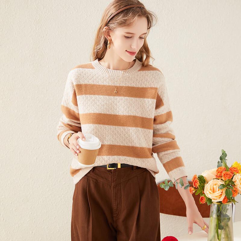 

TUHUANG Women s Thickened Pure Wool Striped Round Neck Sweater XL